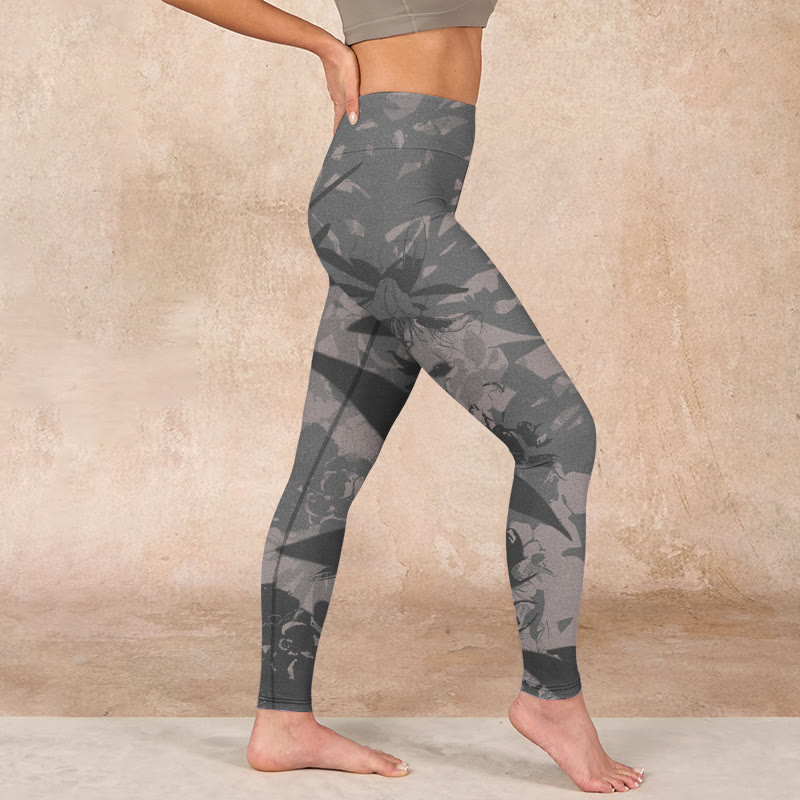 Buddha Stones Gray Leaves Print Gym Leggings Women's Yoga Pants - image 16