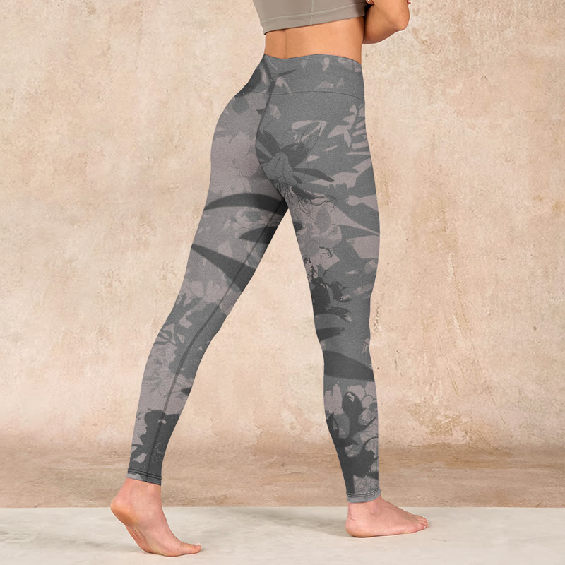 Buddha Stones Gray Leaves Print Gym Leggings Women's Yoga Pants - image 4