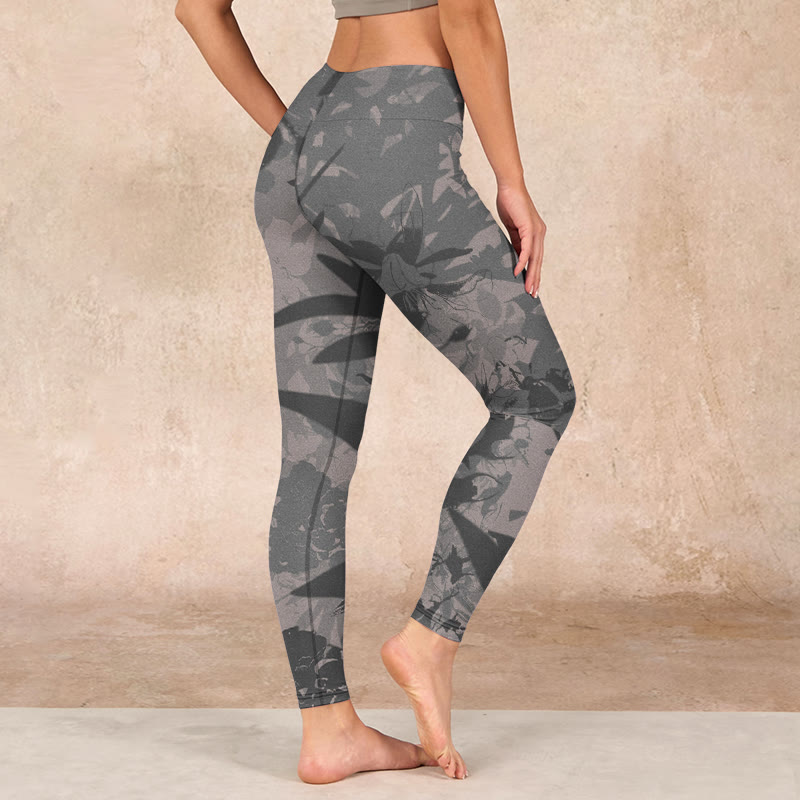 Buddha Stones Gray Leaves Print Gym Leggings Women's Yoga Pants - image 2