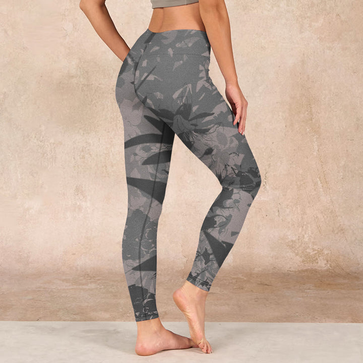 Buddha Stones Gray Leaves Print Gym Leggings Women's Yoga Pants - image 2