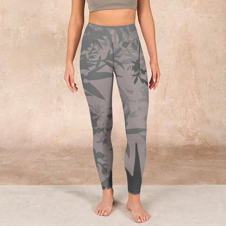 Buddha Stones Gray Leaves Print Gym Leggings Women's Yoga Pants - image 1