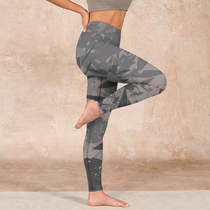 Buddha Stones Gray Leaves Print Gym Leggings Women's Yoga Pants - image 15