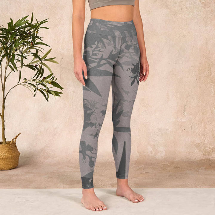 Buddha Stones Gray Leaves Print Gym Leggings Women's Yoga Pants - image 3
