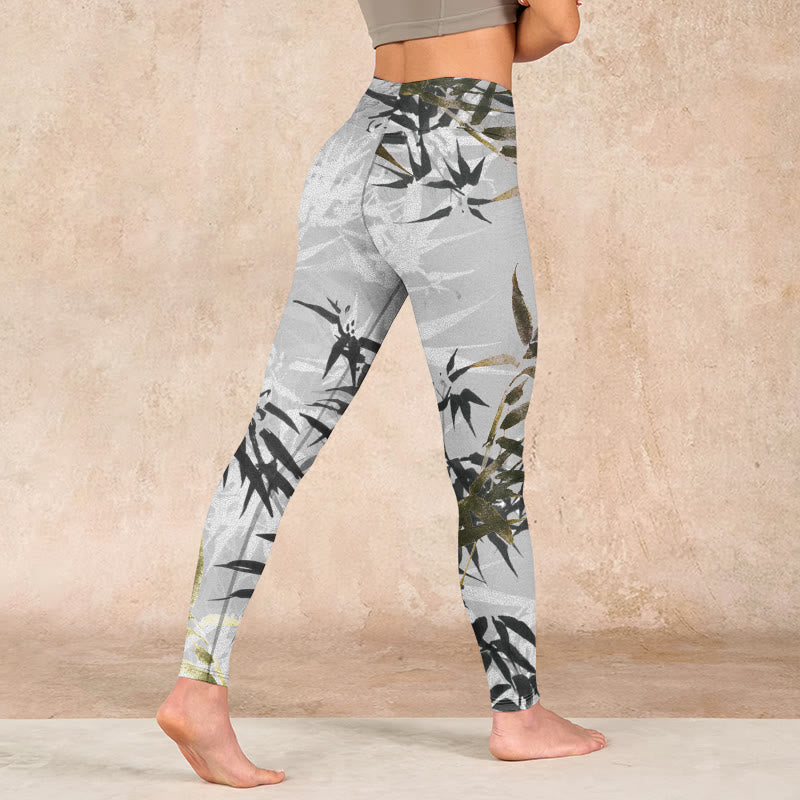 Buddha Stones Dark Gray Bamboo Leaves Print Gym Leggings Women's Yoga Pants - image 4