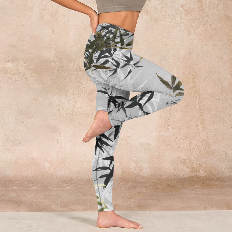 Buddha Stones Dark Gray Bamboo Leaves Print Gym Leggings Women's Yoga Pants - image 15