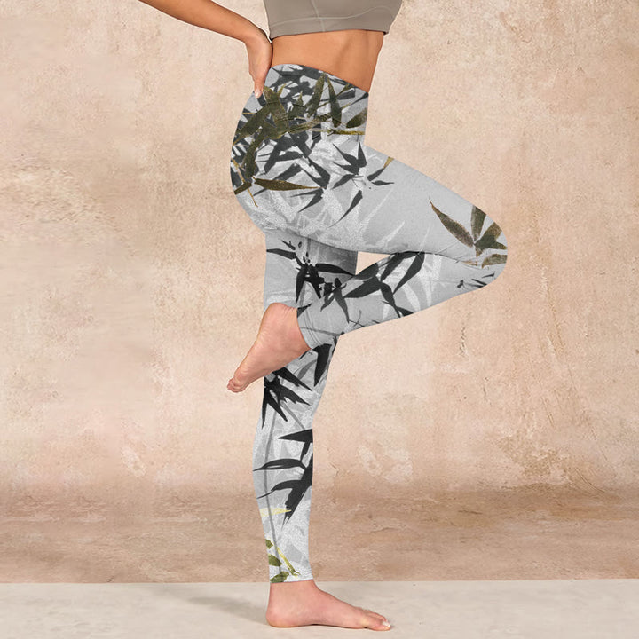 Buddha Stones Dark Gray Bamboo Leaves Print Gym Leggings Women's Yoga Pants - image 15