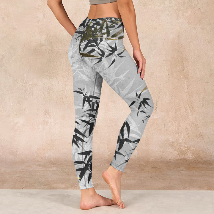 Buddha Stones Dark Gray Bamboo Leaves Print Gym Leggings Women's Yoga Pants - image 2