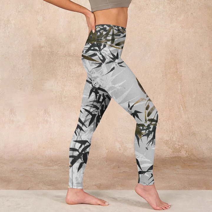 Buddha Stones Dark Gray Bamboo Leaves Print Gym Leggings Women's Yoga Pants - image 16