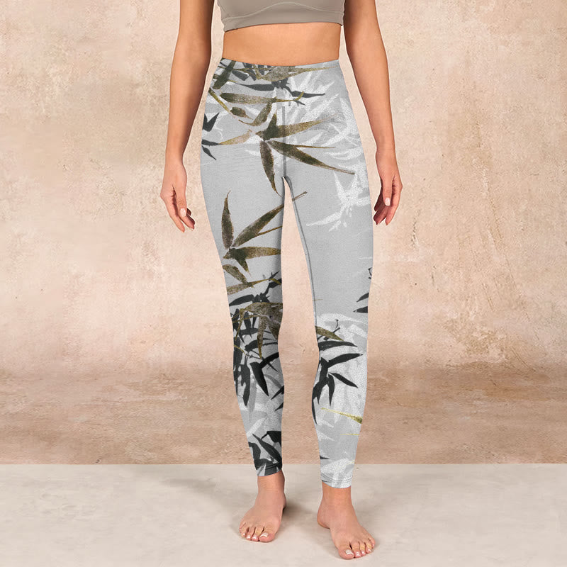 Buddha Stones Dark Gray Bamboo Leaves Print Gym Leggings Women's Yoga Pants - image 1