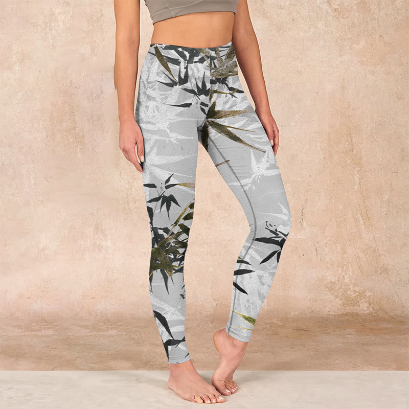 Buddha Stones Dark Gray Bamboo Leaves Print Gym Leggings Women's Yoga Pants - DarkGray - US18，UK/AU22，EU50 (4XL) - image 0