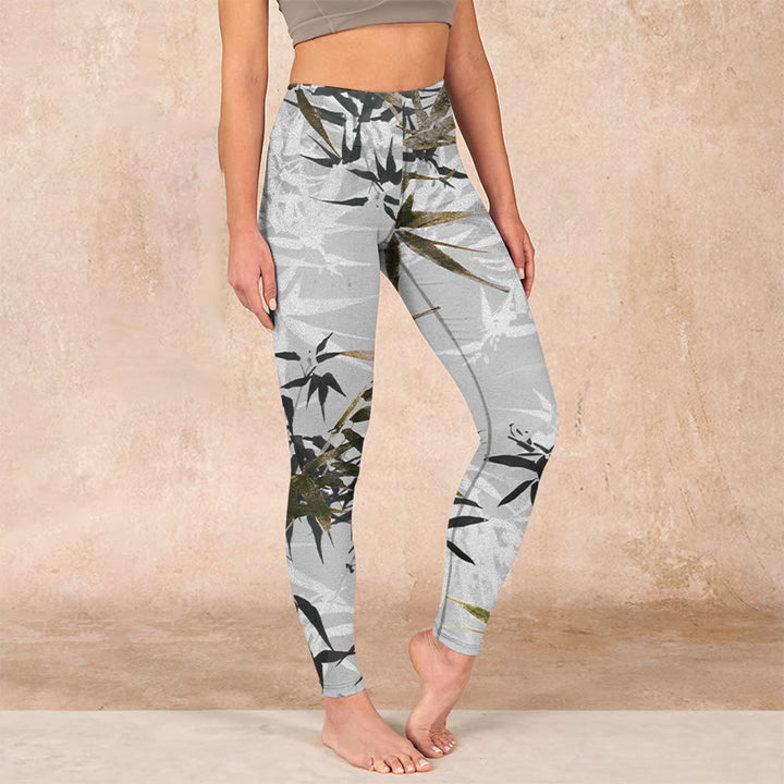 Buddha Stones Dark Gray Bamboo Leaves Print Gym Leggings Women's Yoga Pants - DarkGray - US18，UK/AU22，EU50 (4XL) - image 0
