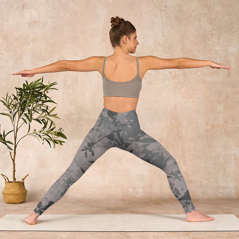 Buddha Stones Gray Leaves Print Gym Leggings Women's Yoga Pants - image 10