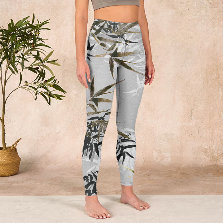 Buddha Stones Dark Gray Bamboo Leaves Print Gym Leggings Women's Yoga Pants - image 3
