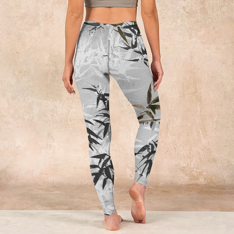 Buddha Stones Dark Gray Bamboo Leaves Print Gym Leggings Women's Yoga Pants - image 14