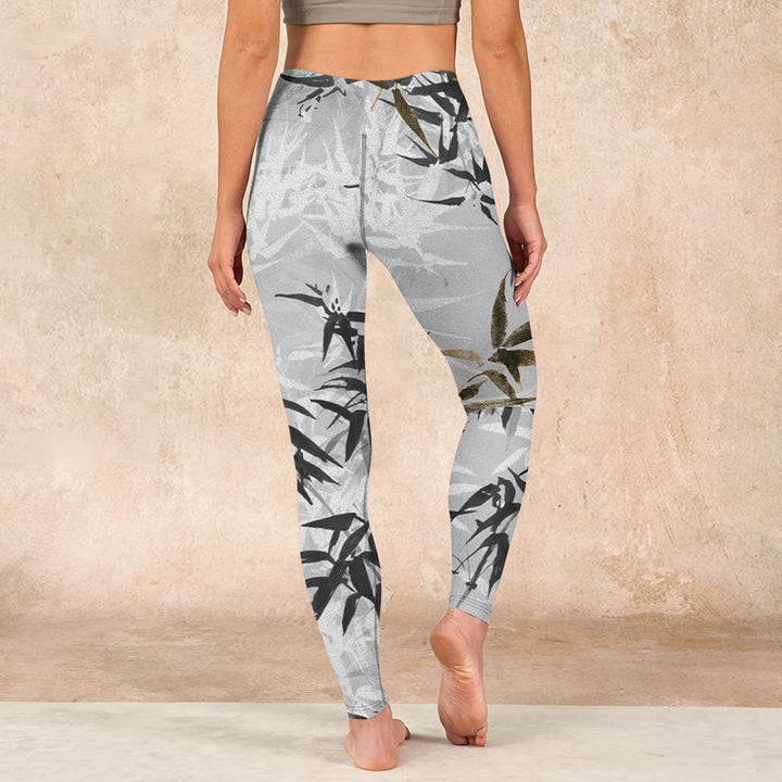 Buddha Stones Dark Gray Bamboo Leaves Print Gym Leggings Women's Yoga Pants - image 14