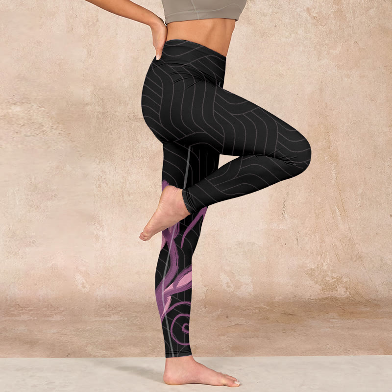 Buddha Stones Black Pink Lotus Flower Print Gym Leggings Women's Yoga Pants - image 15