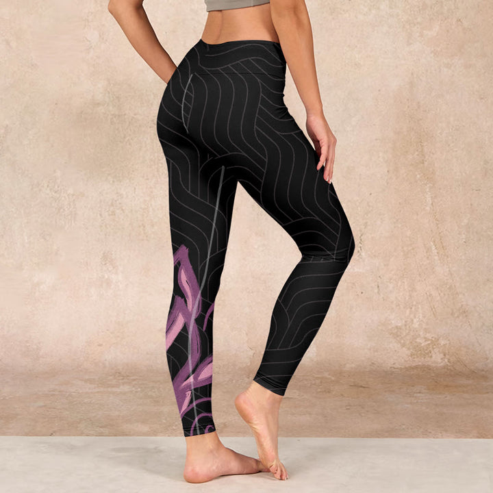 Buddha Stones Black Pink Lotus Flower Print Gym Leggings Women's Yoga Pants - image 2