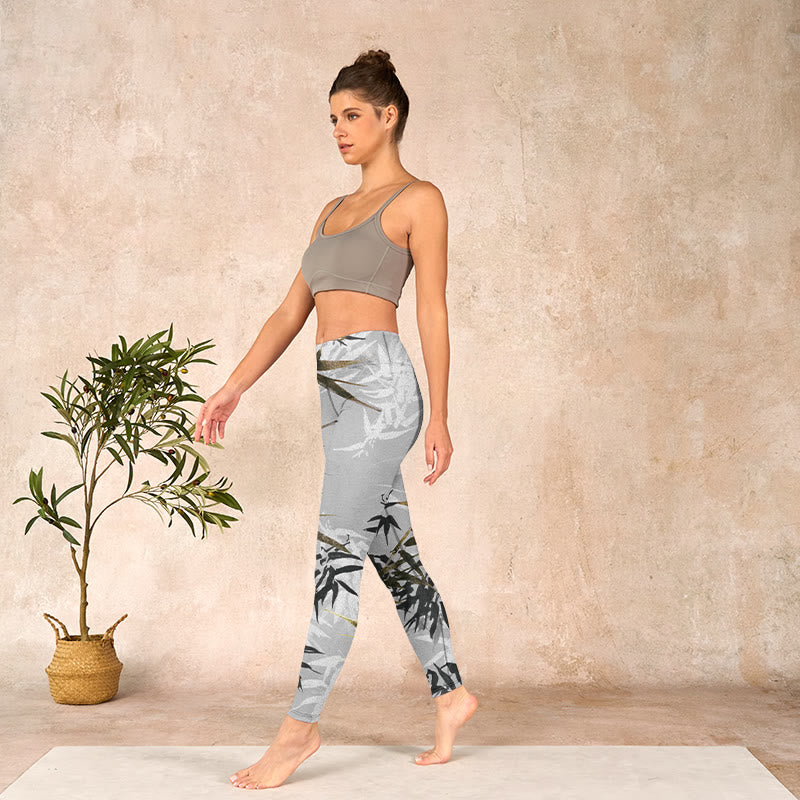 Buddha Stones Dark Gray Bamboo Leaves Print Gym Leggings Women's Yoga Pants - image 12