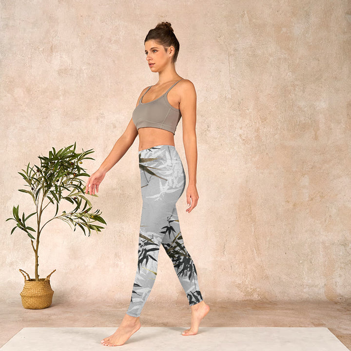 Buddha Stones Dark Gray Bamboo Leaves Print Gym Leggings Women's Yoga Pants - image 12