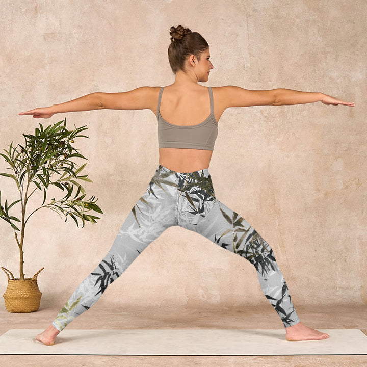 Buddha Stones Dark Gray Bamboo Leaves Print Gym Leggings Women's Yoga Pants - image 10