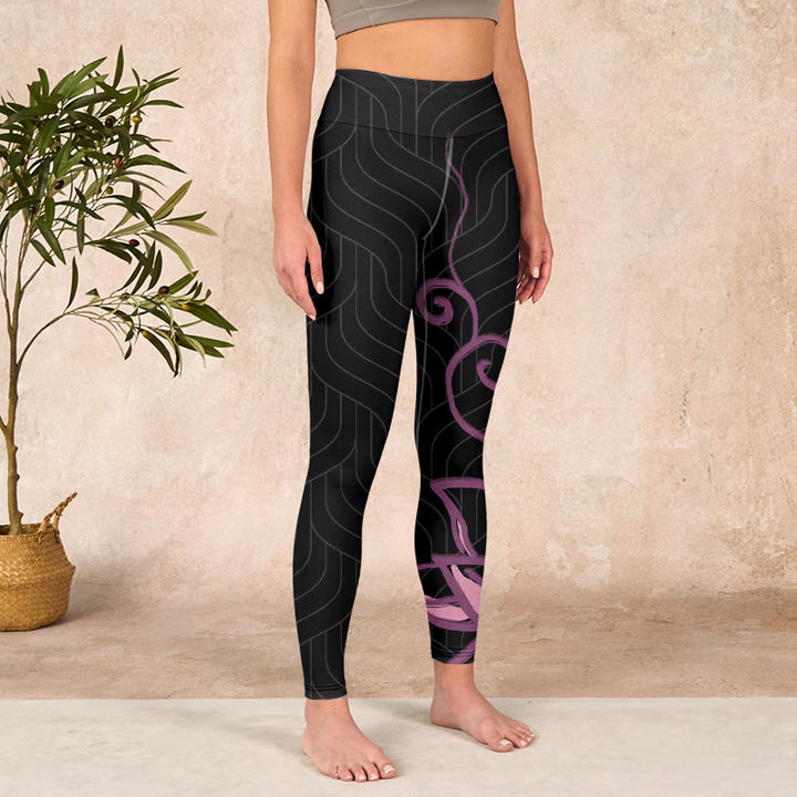 Buddha Stones Black Pink Lotus Flower Print Gym Leggings Women's Yoga Pants - image 3