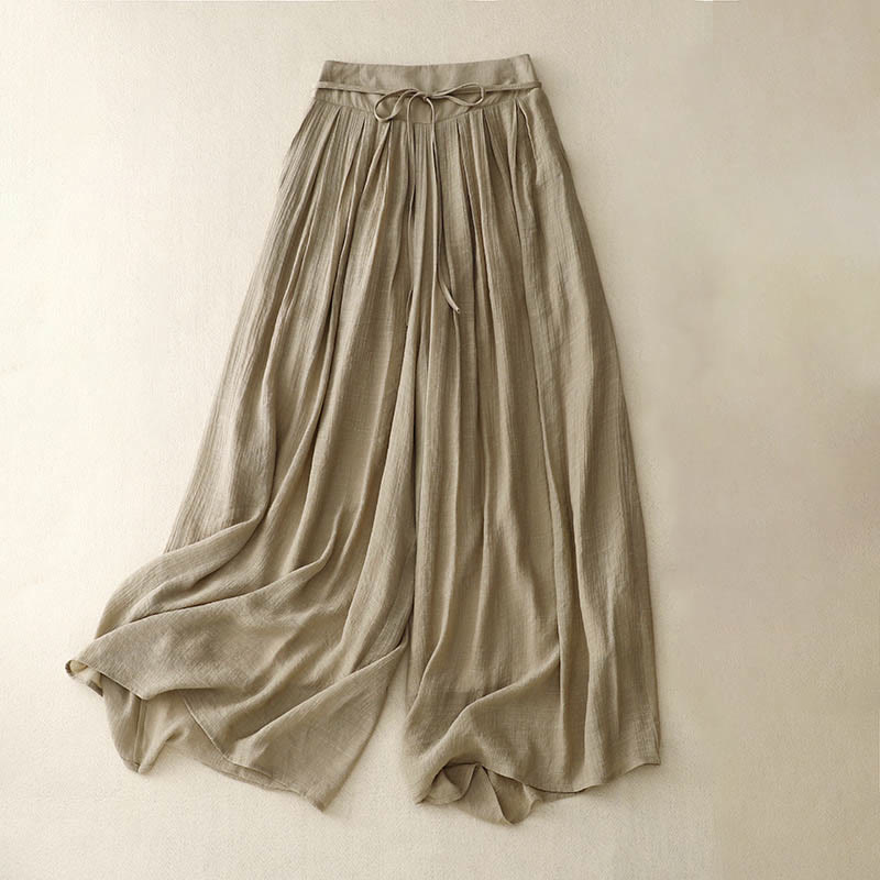 Buddha Stones Casual Solid Color Lace-up Women's Wide Leg Pants - DarkKhaki - US8-10，UK/AU12-14，EU40-42 (2XL) - image 0