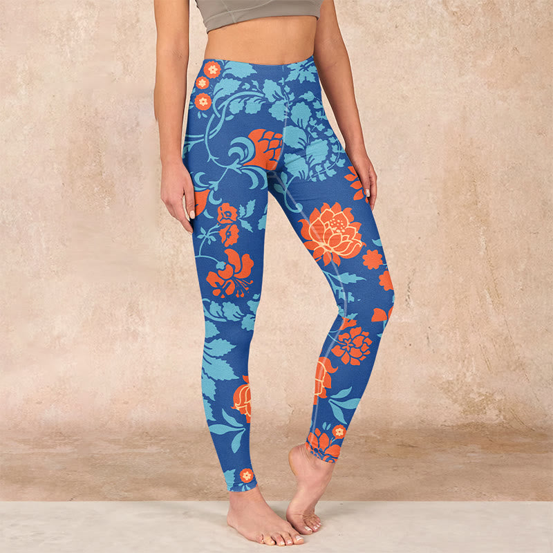 Buddha Stones Steel Blue Red Tulips Flowers Leaves Print Gym Leggings Women's Yoga Pants - SteelBlue - US18，UK/AU22，EU50 (4XL) - image 0