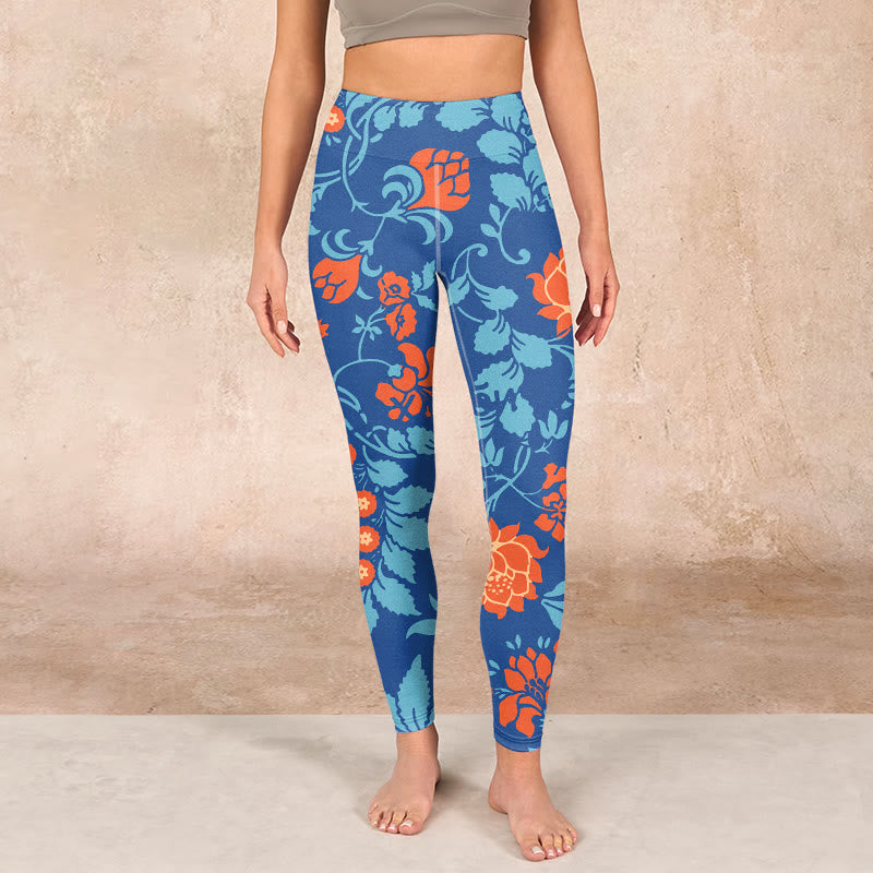 Buddha Stones Steel Blue Red Tulips Flowers Leaves Print Gym Leggings Women's Yoga Pants - image 1