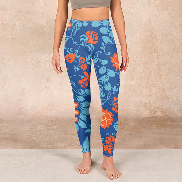 Buddha Stones Steel Blue Red Tulips Flowers Leaves Print Gym Leggings Women's Yoga Pants - image 1