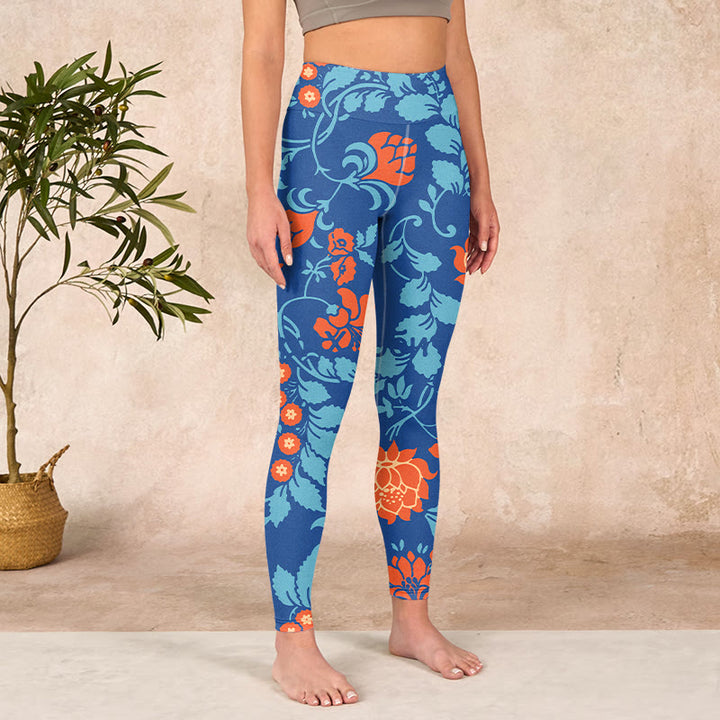 Buddha Stones Steel Blue Red Tulips Flowers Leaves Print Gym Leggings Women's Yoga Pants - image 3