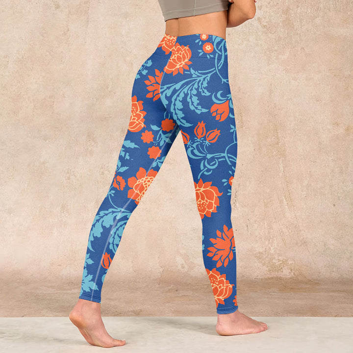 Buddha Stones Steel Blue Red Tulips Flowers Leaves Print Gym Leggings Women's Yoga Pants - image 4