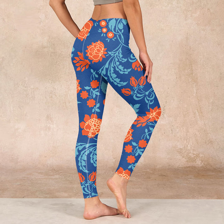 Buddha Stones Steel Blue Red Tulips Flowers Leaves Print Gym Leggings Women's Yoga Pants - image 2