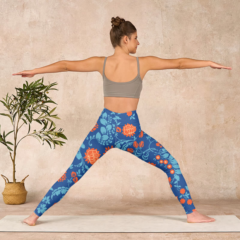 Buddha Stones Steel Blue Red Tulips Flowers Leaves Print Gym Leggings Women's Yoga Pants - image 11