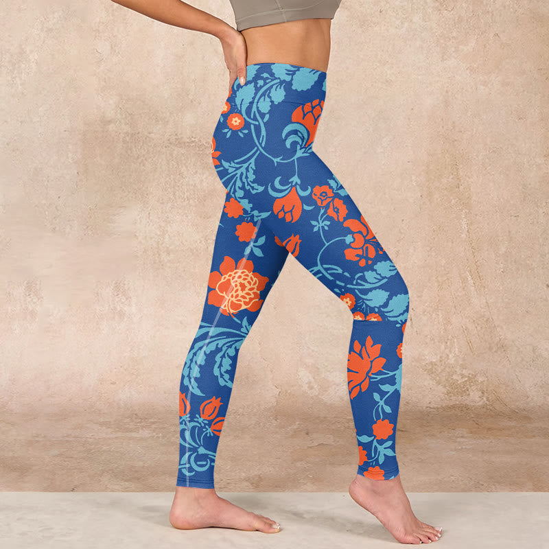 Buddha Stones Steel Blue Red Tulips Flowers Leaves Print Gym Leggings Women's Yoga Pants - image 15