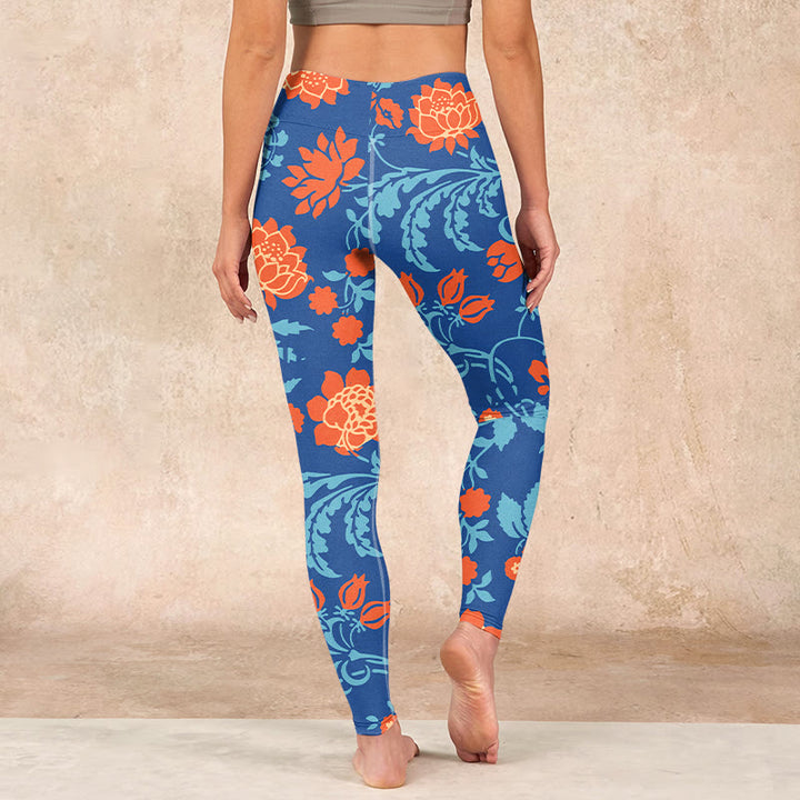 Buddha Stones Steel Blue Red Tulips Flowers Leaves Print Gym Leggings Women's Yoga Pants - image 16