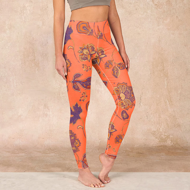 Buddha Stones Orange Maple Leaves Flowers Print Gym Leggings Women's Yoga Pants - Coral - US18，UK/AU22，EU50 (4XL) - image 0