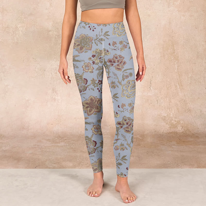 Buddha Stones Grey Green Leaves Flowers Print Gym Leggings Women's Yoga Pants - image 1
