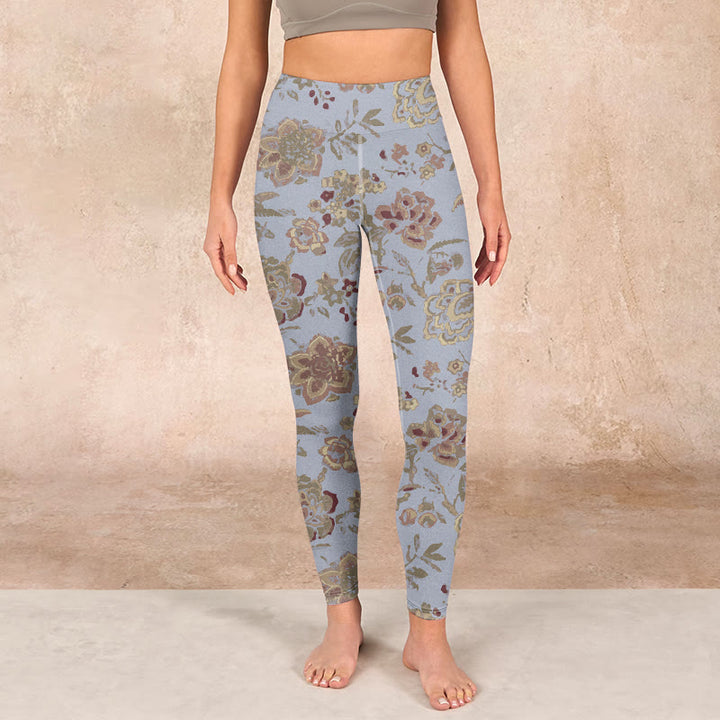 Buddha Stones Grey Green Leaves Flowers Print Gym Leggings Women's Yoga Pants - image 1