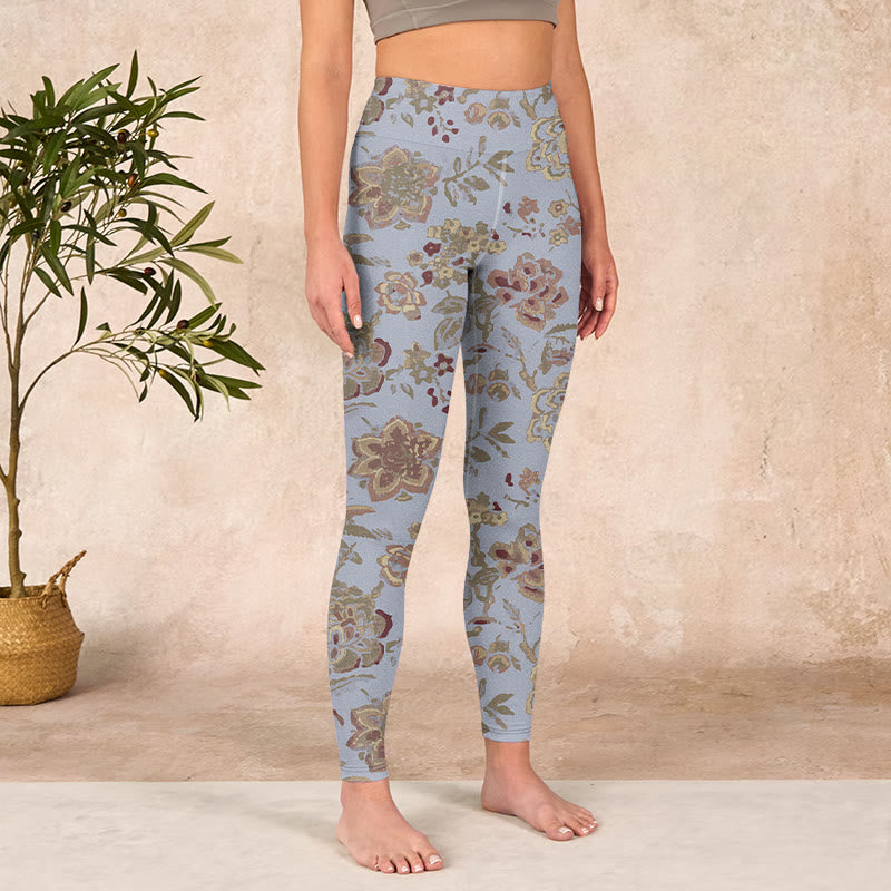 Buddha Stones Grey Green Leaves Flowers Print Gym Leggings Women's Yoga Pants - image 3