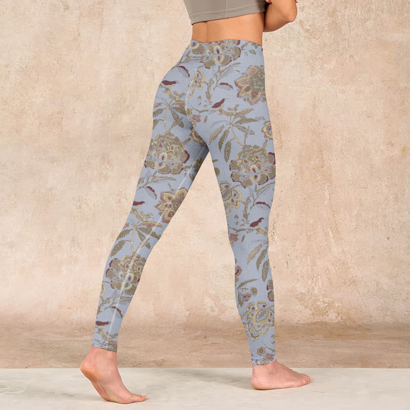 Buddha Stones Grey Green Leaves Flowers Print Gym Leggings Women's Yoga Pants - image 4