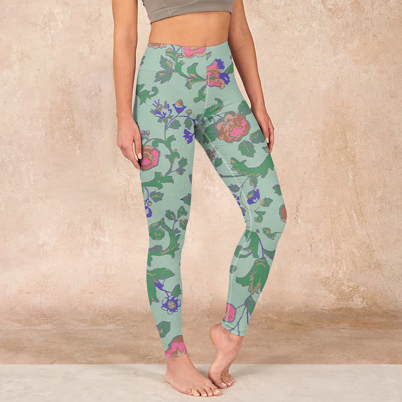 Buddha Stones Green Red Roses Green Leaves Print Gym Leggings Women's Yoga Pants - DarkSeaGreen - US18，UK/AU22，EU50 (4XL) - image 0