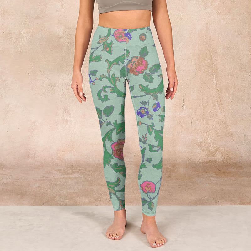Buddha Stones Green Red Roses Green Leaves Print Gym Leggings Women's Yoga Pants - image 1