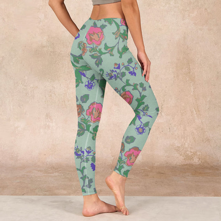 Buddha Stones Green Red Roses Green Leaves Print Gym Leggings Women's Yoga Pants - image 2