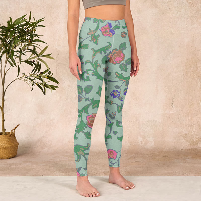 Buddha Stones Green Red Roses Green Leaves Print Gym Leggings Women's Yoga Pants - image 3