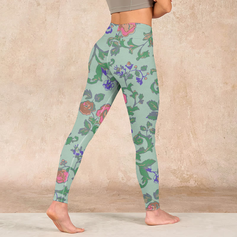 Buddha Stones Green Red Roses Green Leaves Print Gym Leggings Women's Yoga Pants - image 4
