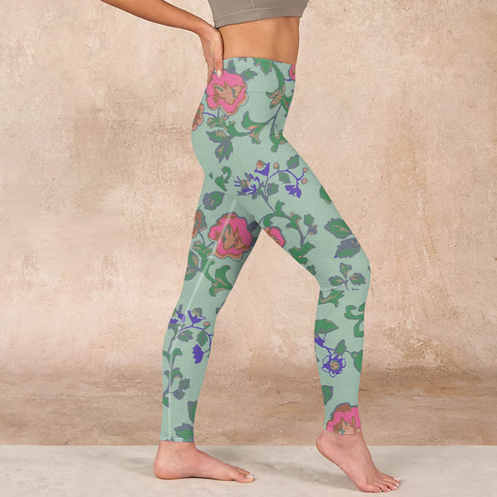 Buddha Stones Green Red Roses Green Leaves Print Gym Leggings Women's Yoga Pants - image 15