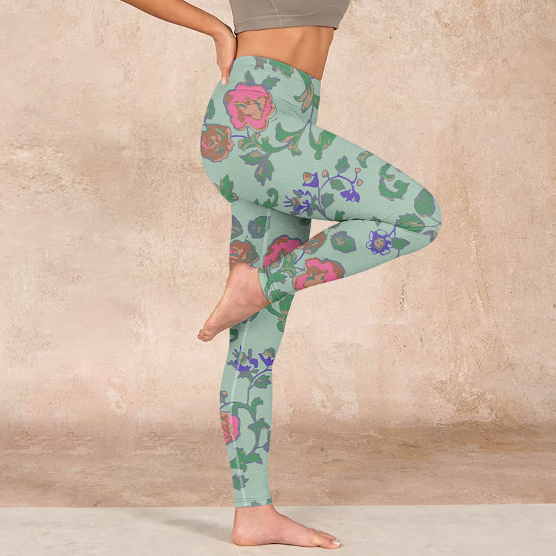 Buddha Stones Green Red Roses Green Leaves Print Gym Leggings Women's Yoga Pants - image 14