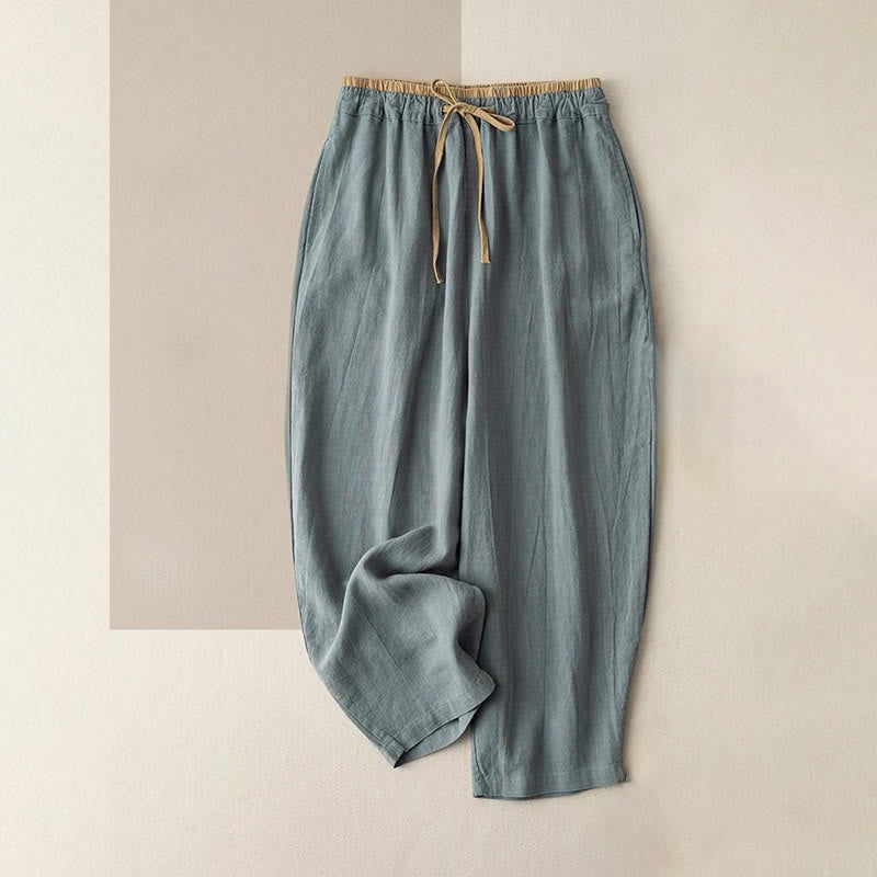 Buddha Stones Casual Solid Color Cotton Linen Drawstring Women's Pants With Pockets - CadetBlue - US16，UK/AU20，EU48 (3XL) - image 0
