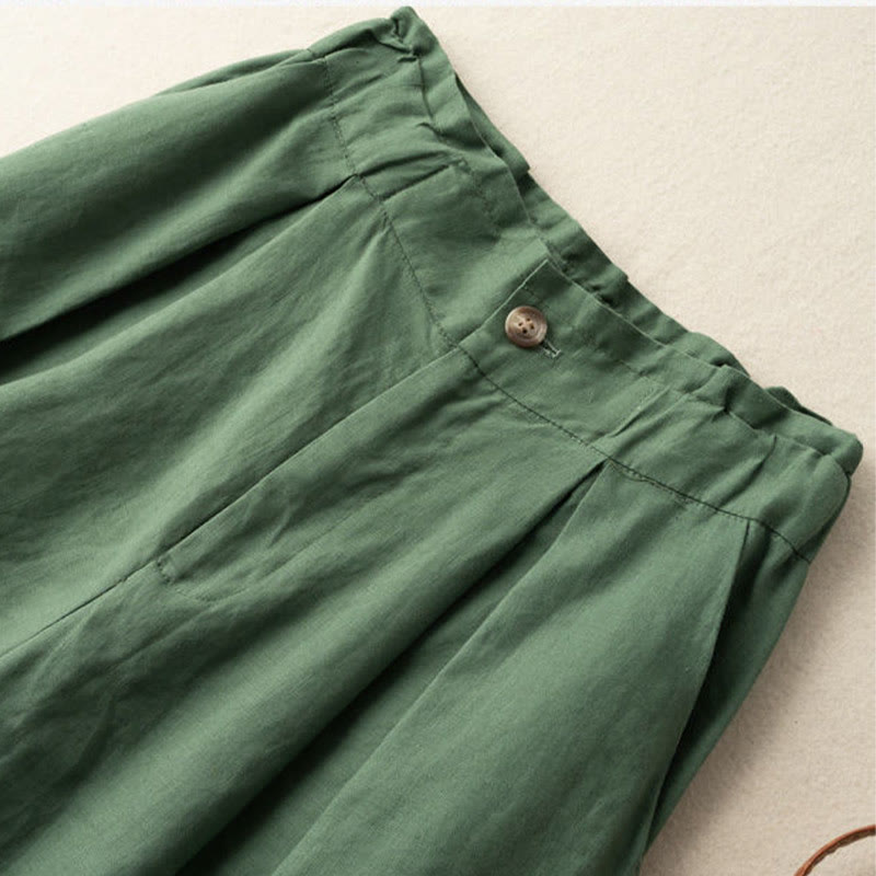Buddha Stones Casual Solid Color Button Zipper Cotton Linen Women's Shorts With Pockets - image 8