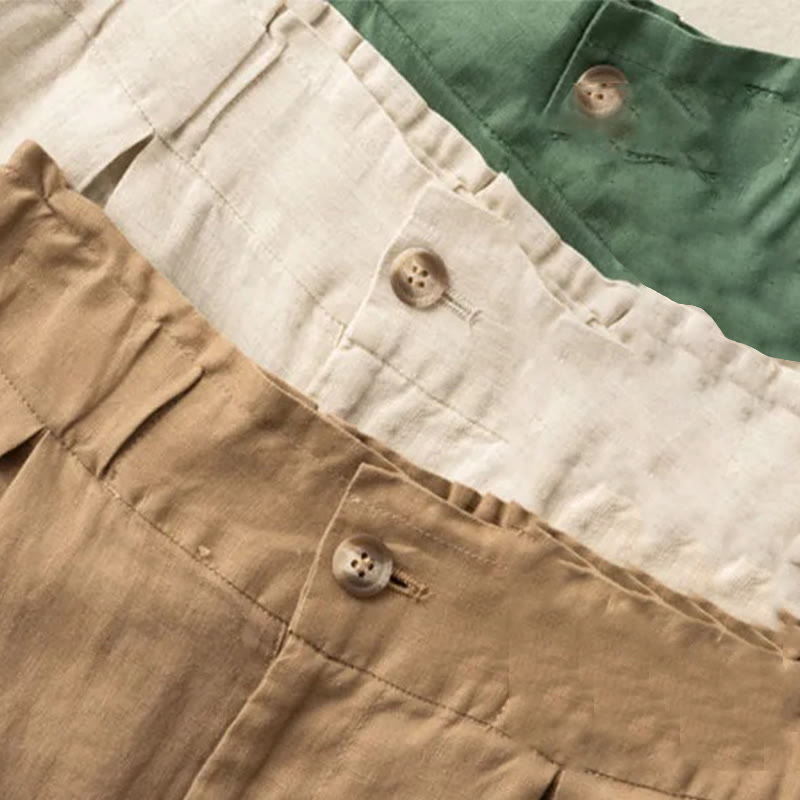 Buddha Stones Casual Solid Color Button Zipper Cotton Linen Women's Shorts With Pockets - image 1